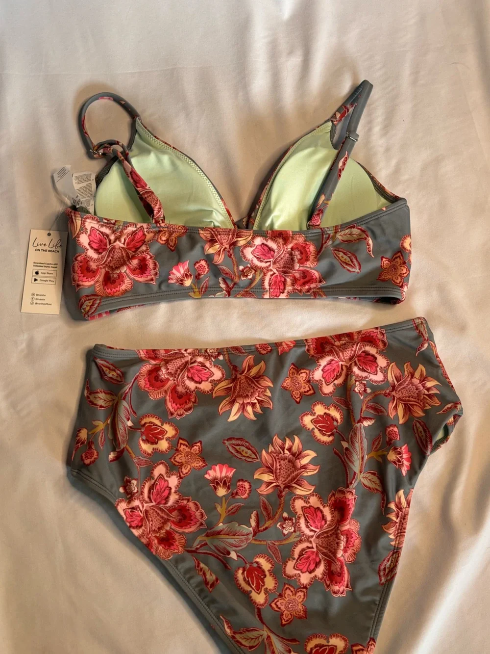 Cupshe Gray Floral Bikini Set with Pink and Red Accents